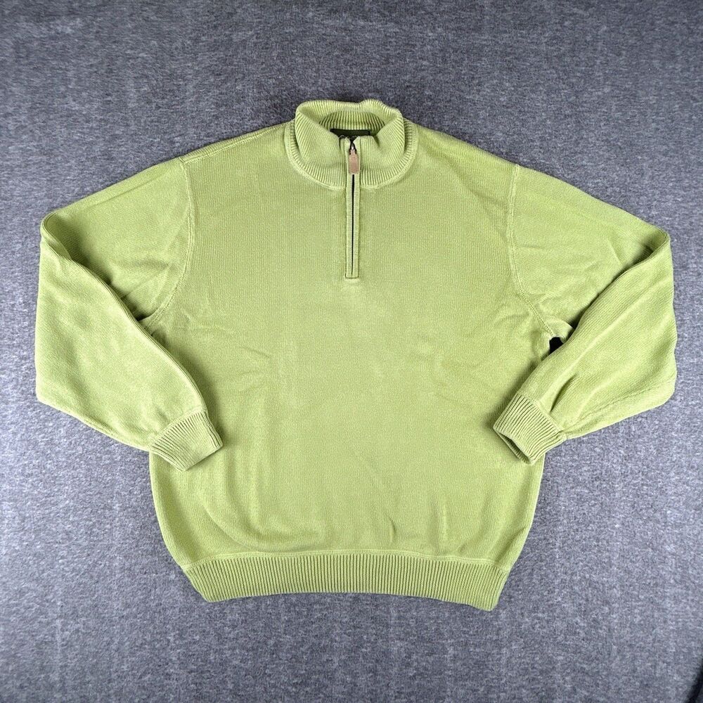 VTG Eddie Bauer Sweater Mens Sz L Light Green 1/4 Zip 100% Cotton Pullover Y2K